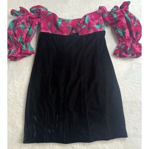 NWT LOVERS & FRIENDS KLUM MINI MAGENTA FLORAL‎ TOP VELVET BOTTOM DRESS XS